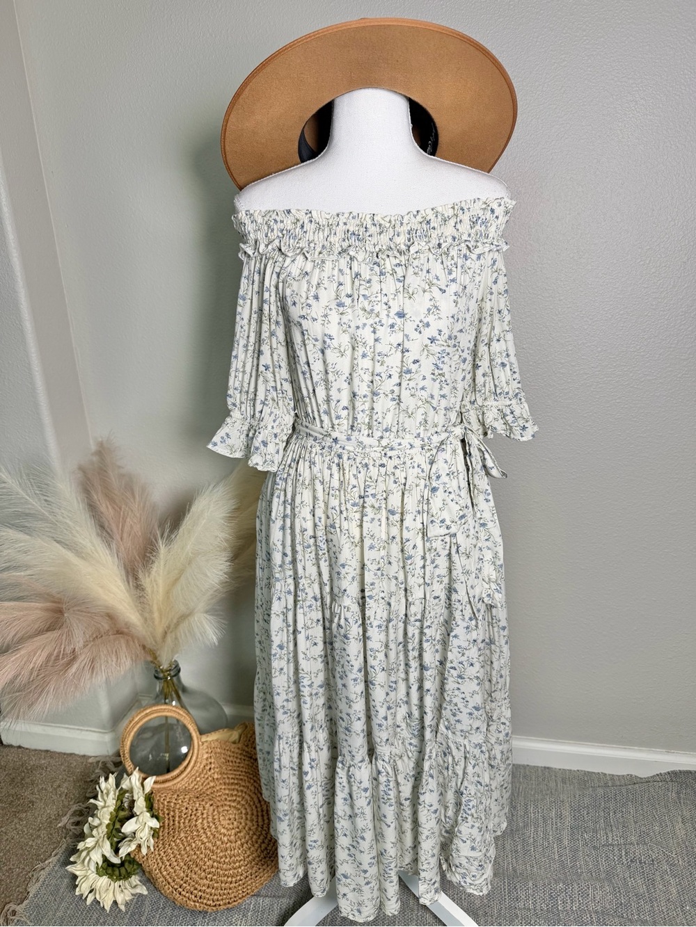 Cottage core Off-Shoulder Ivory Floral Dress